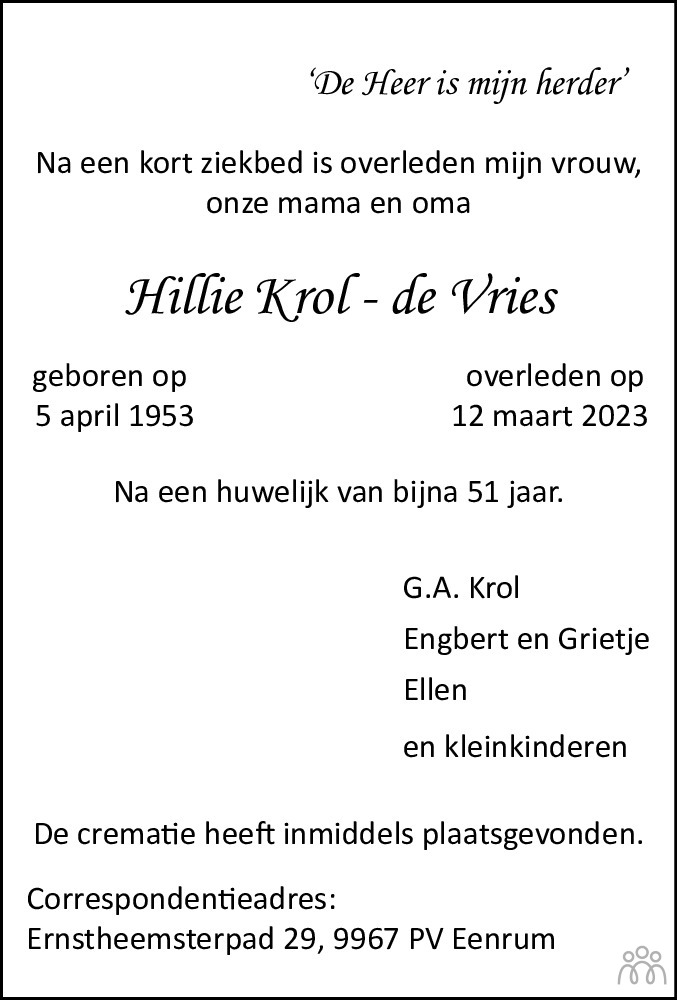 Hillie Krol De Vries Overlijdensbericht En Condoleances