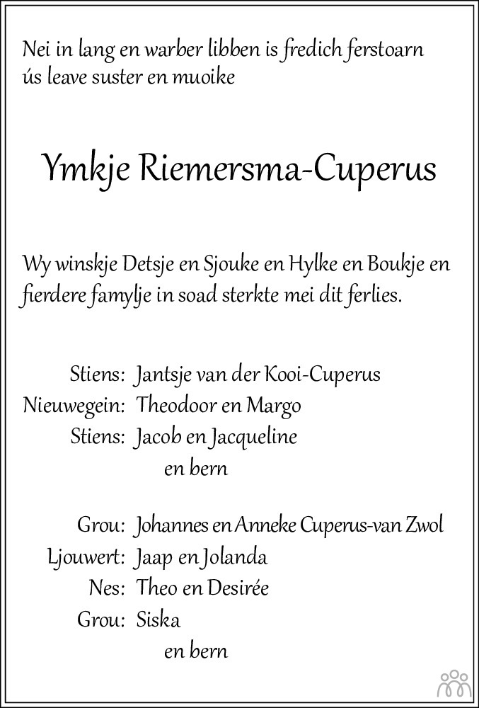 Ymkje Riemersma Cuperus 18 03 2023 Overlijdensbericht En Condoleances