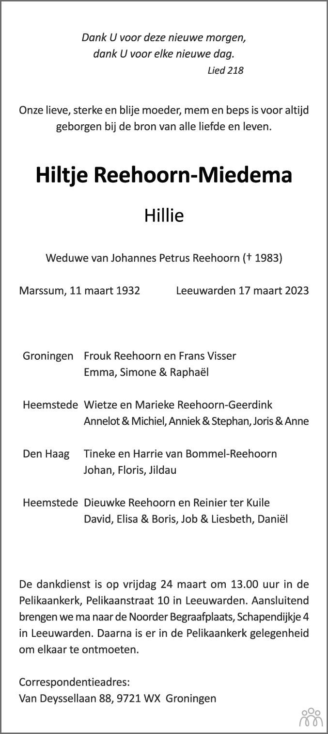 Hiltje Hillie Reehoorn Miedema 17 03 2023 Overlijdensbericht En