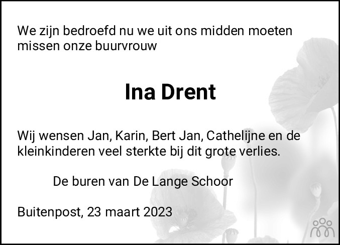 Ina Drent 23 03 2023 Overlijdensbericht En Condoleances Mensenlinq Nl