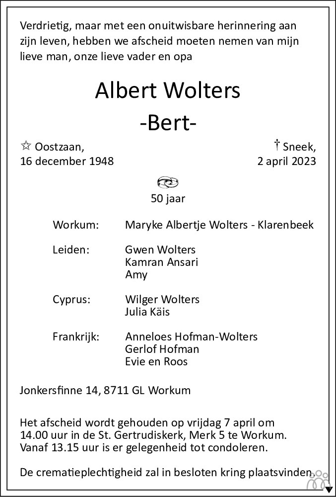 Albert Bert Wolters 02 04 2023 Overlijdensbericht En Condoleances