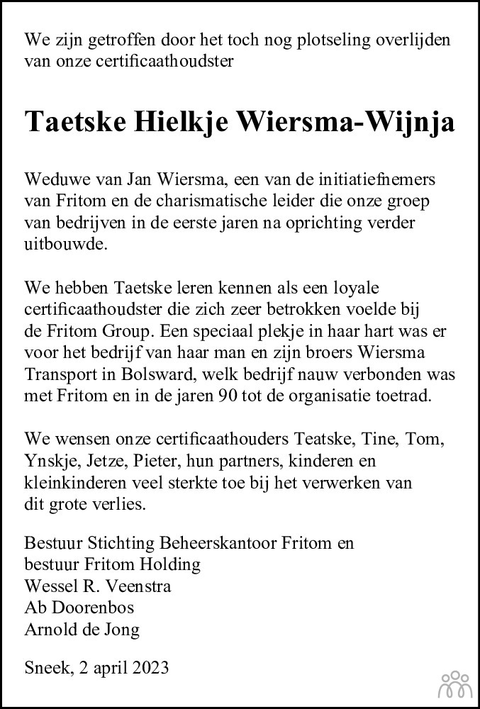 Taetske Hielkje Wiersma Wijnja 02 04 2023 Overlijdensbericht En