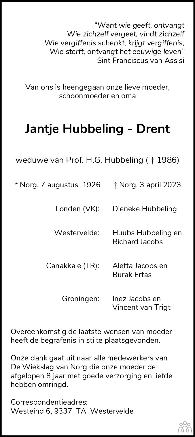 Jantje Hubbeling Drent 03 04 2023 Overlijdensbericht En Condoleances