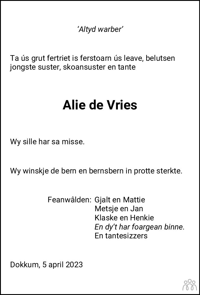 Alie Aaltje De Vries 05 04 2023 Overlijdensbericht En Condoleances