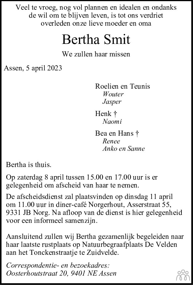 Bertha Smit 05 04 2023 Overlijdensbericht En Condoleances Mensenlinq Nl