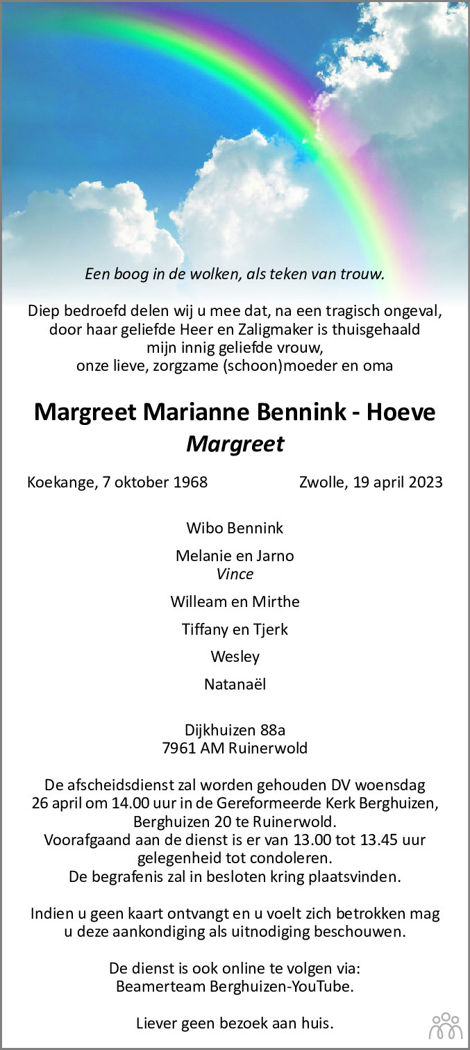 Margreet Marianne Bennink Hoeve Overlijdensbericht En