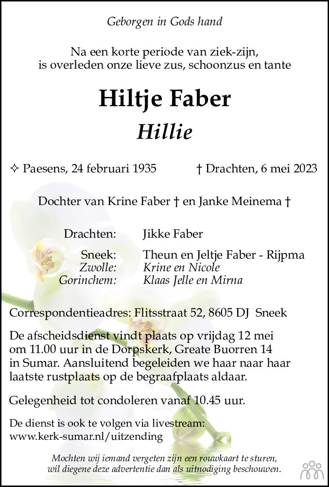 Hiltje Hillie Faber Overlijdensbericht En Condoleances