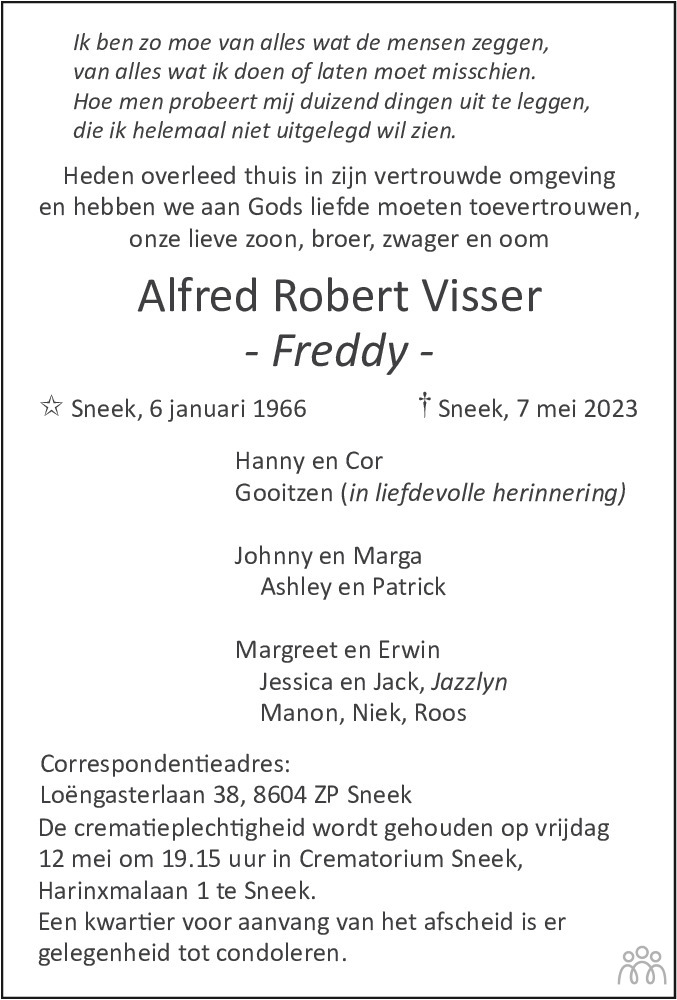 Alfred Robert Freddy Visser Overlijdensbericht En