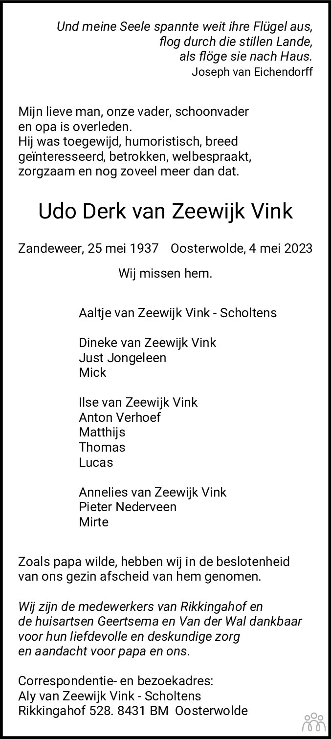 Udo Derk Van Zeewijk Vink Overlijdensbericht En Condoleances