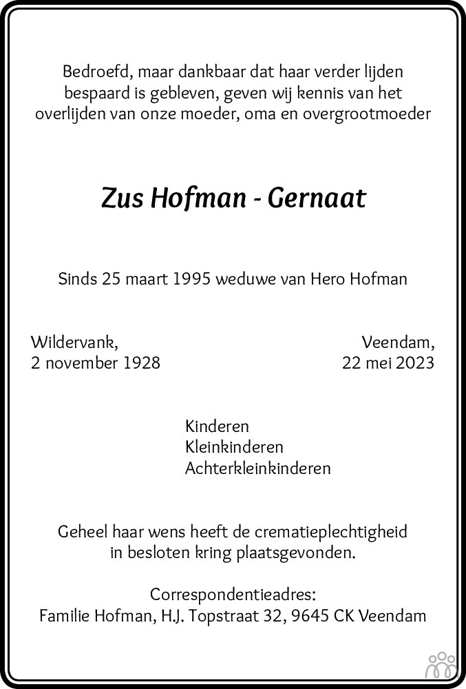 Zus Hofman Gernaat Overlijdensbericht En Condoleances