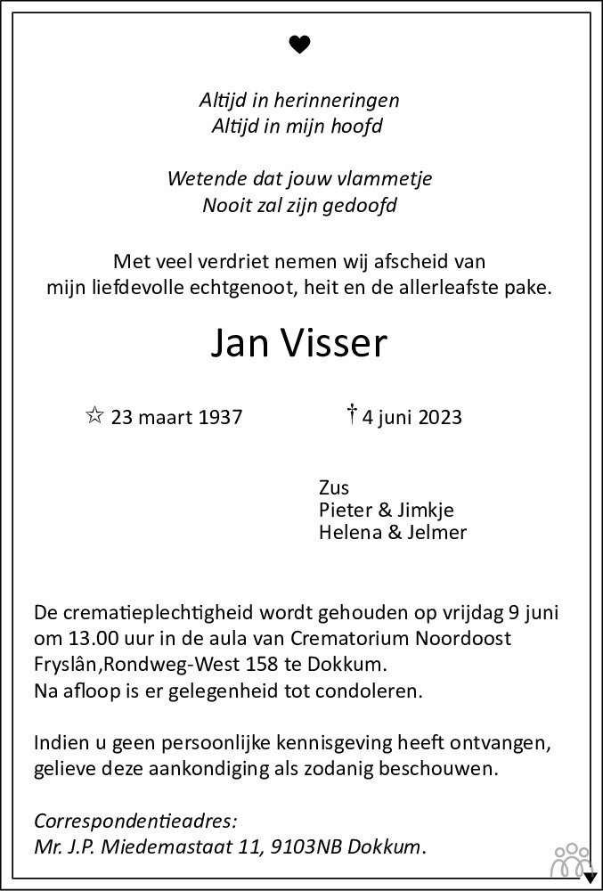 Jan Visser Overlijdensbericht En Condoleances Mensenlinq Nl