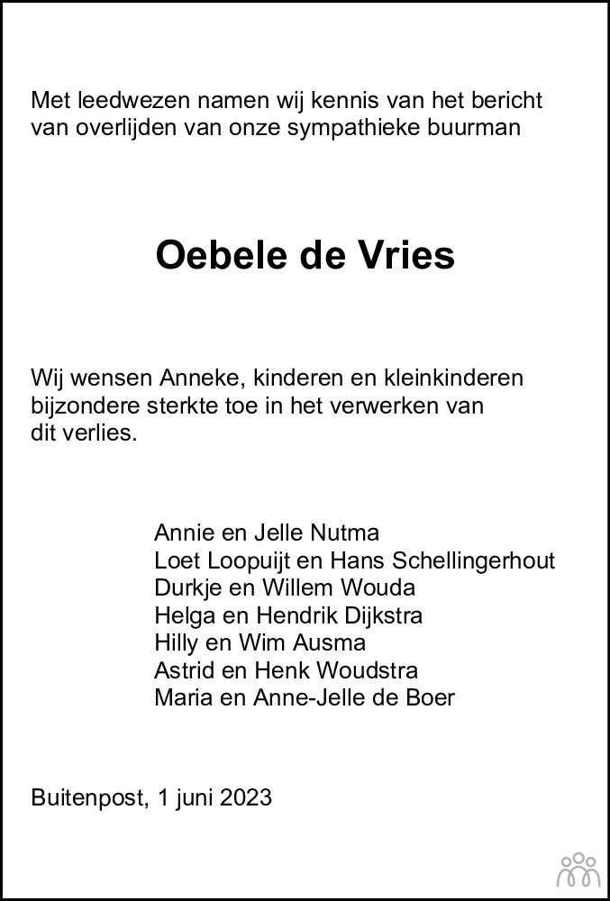 Oebele Barteles Vries 01 06 2023 Overlijdensbericht En Condoleances