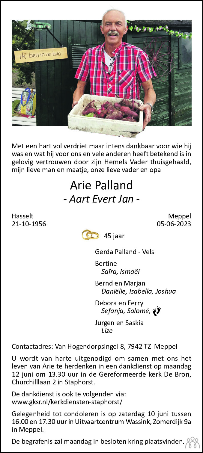 Arie Aart Evert Jan Palland 05 06 2023 Overlijdensbericht En