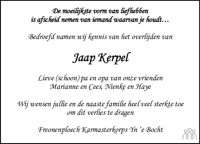 Jacobus Hendrikus Jaap Kerpel Overlijdensbericht En