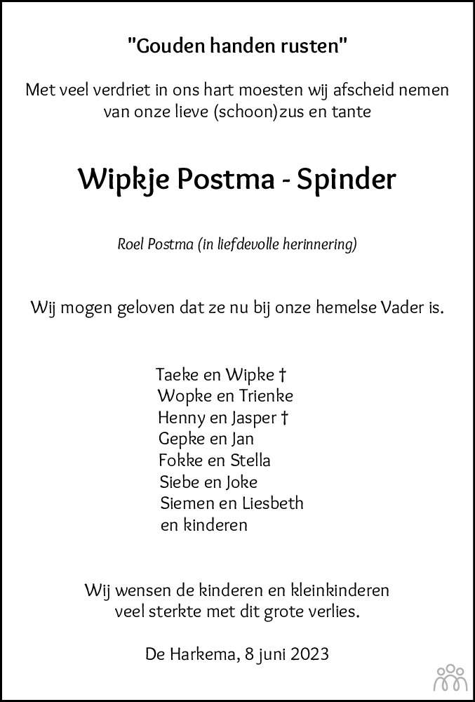 Wipkje Postma Spinder 08 06 2023 Overlijdensbericht En Condoleances