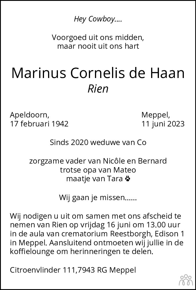 Marinus Cornelis Rien De Haan Overlijdensbericht En