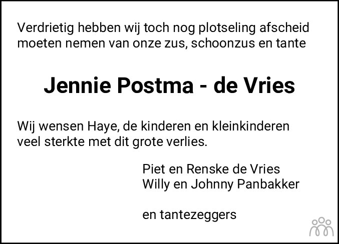 Jennie Postma De Vries 09 06 2023 Overlijdensbericht En Condoleances