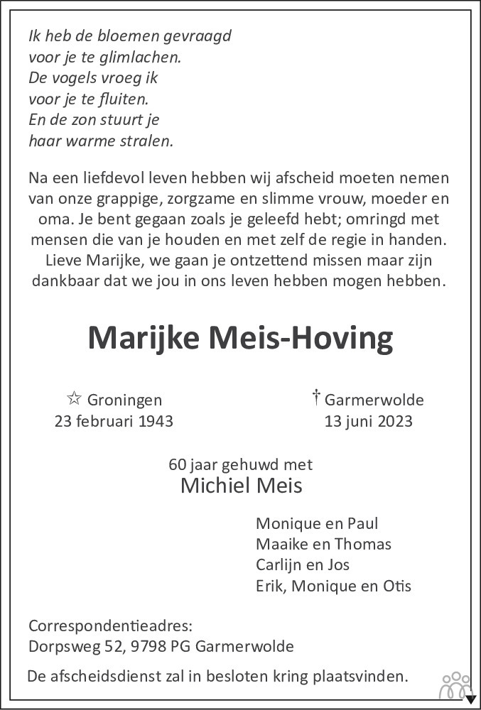 Marijke Meis Hoving 13 06 2023 Overlijdensbericht En Condoleances