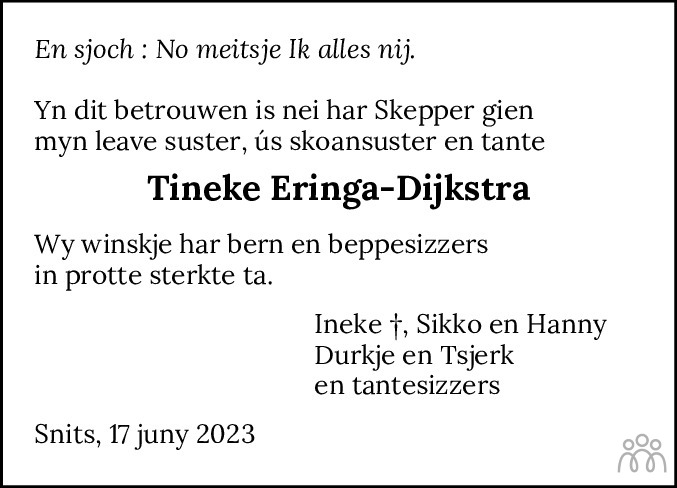 Tineke Trijntje Eringa Dijkstra 17 06 2023 Overlijdensbericht En