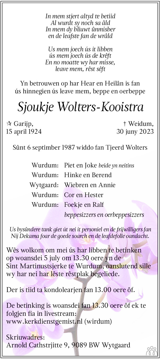 Sjoukje Wolters Kooistra 30 06 2023 Overlijdensbericht En Condoleances