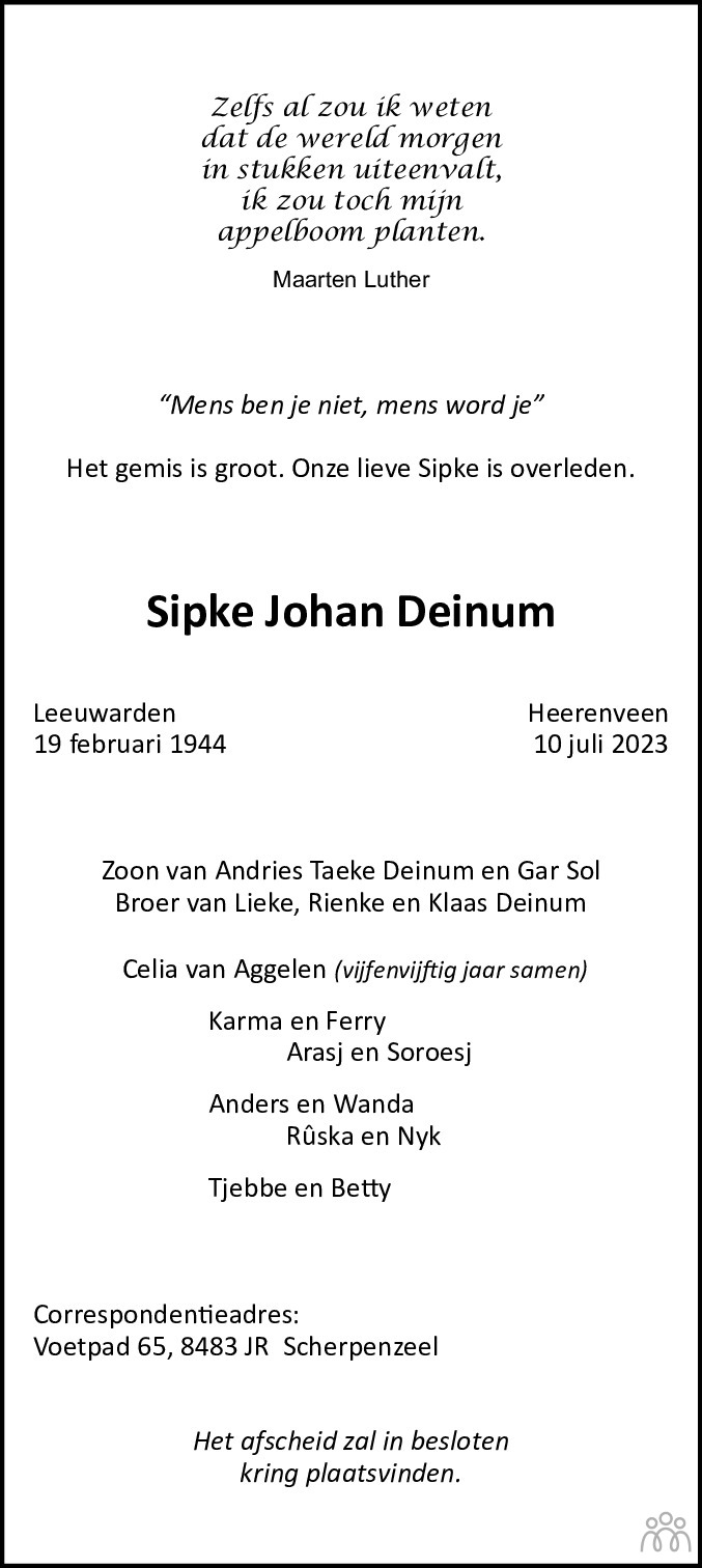 Sipke Johan Deinum Overlijdensbericht En Condoleances