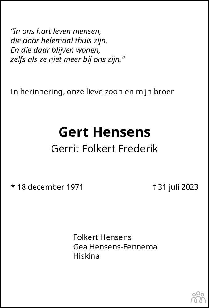 Gerrit Folkert Frederik Gert Hensens Overlijdensbericht En