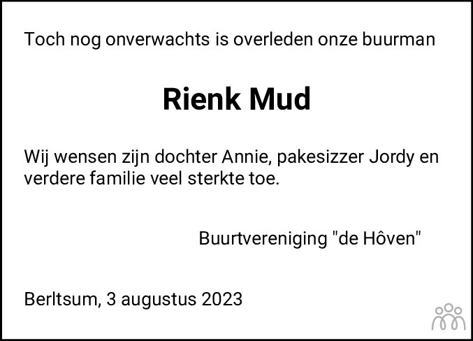 Rienk Mud Overlijdensbericht En Condoleances Mensenlinq Nl