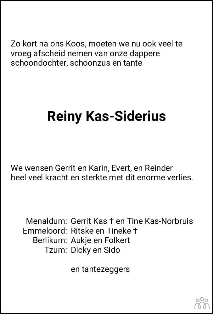 Reiny Kas Siderius Overlijdensbericht En Condoleances