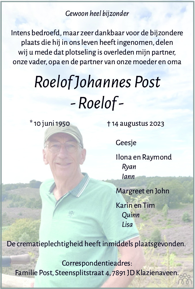 Roelof Johannes Roelof Post Overlijdensbericht En