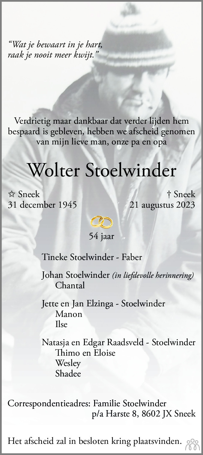 Wolter Stoelwinder 21 08 2023 Overlijdensbericht En Condoleances