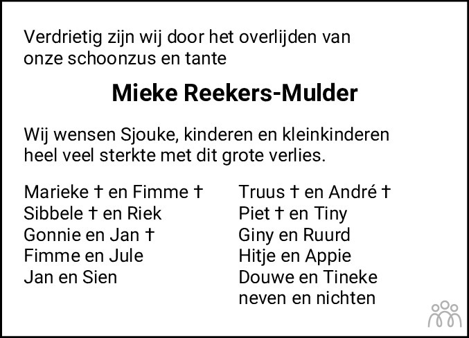 Mieke Reekers Mulder Overlijdensbericht En Condoleances