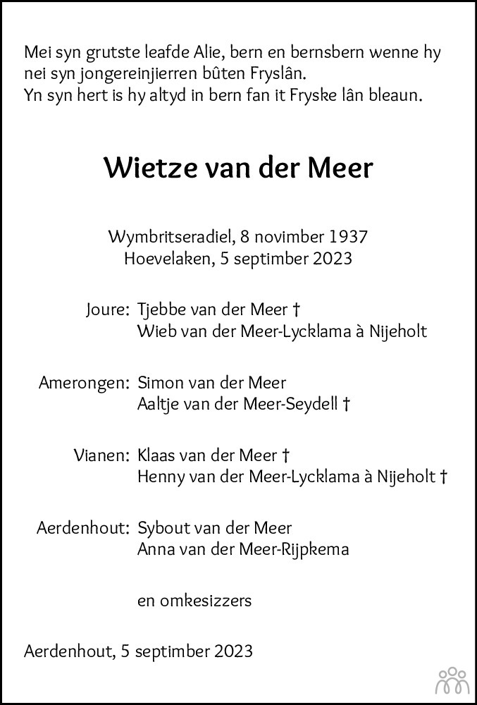 Wietze Van Der Meer 05 09 2023 Overlijdensbericht En Condoleances