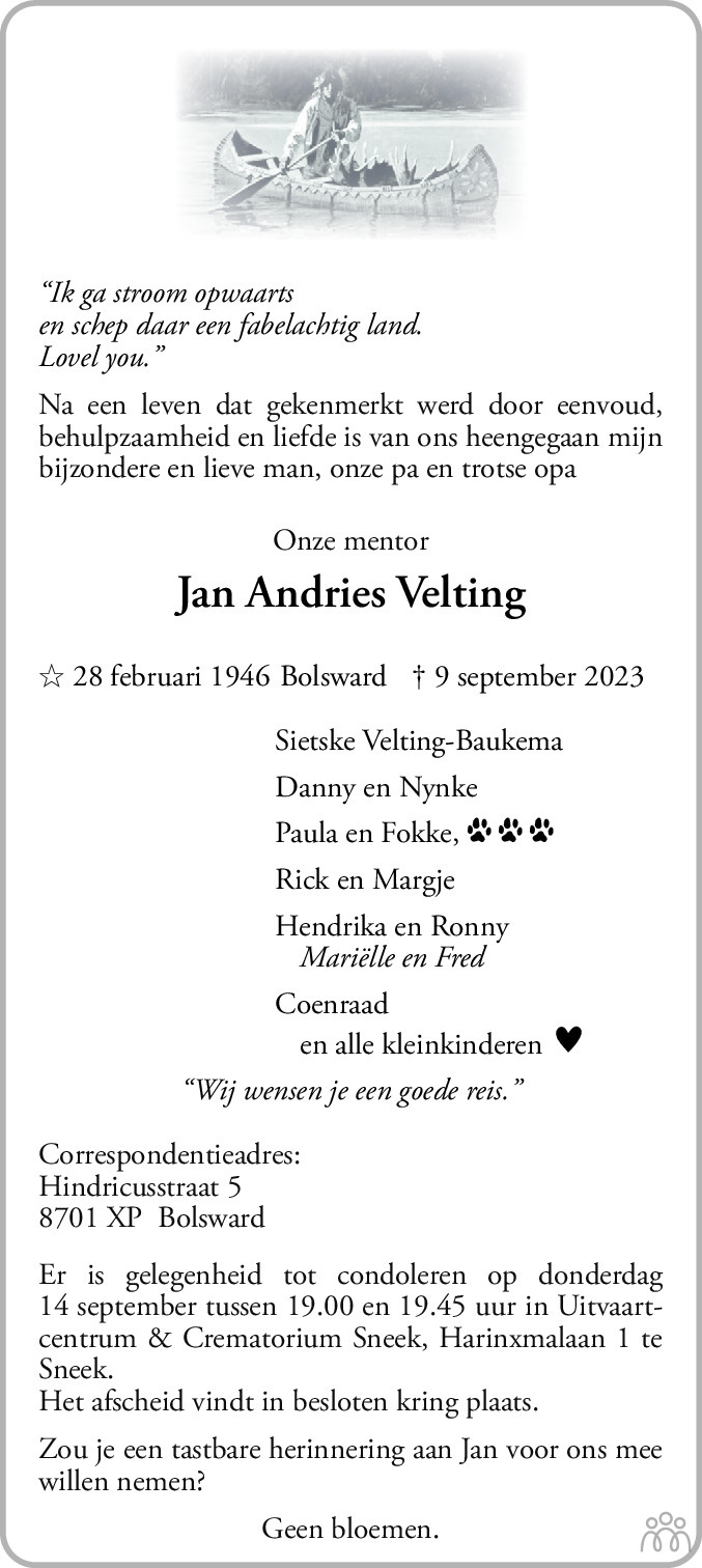 Jan Andries Velting 09 09 2023 Overlijdensbericht En Condoleances