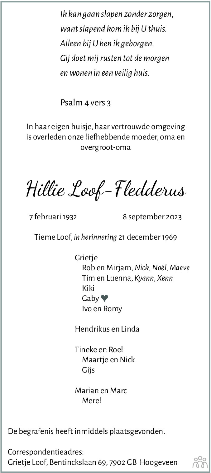 Hillie Loof Fledderus 08 09 2023 Overlijdensbericht En Condoleances