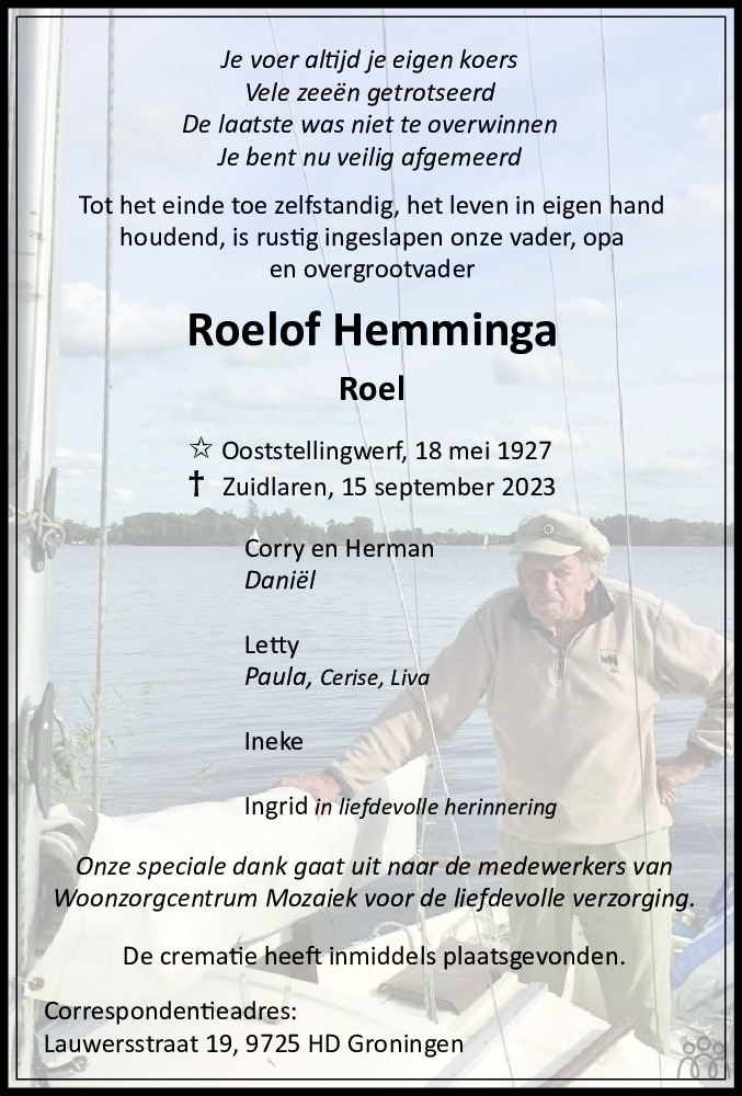 Roelof Roel Hemminga Overlijdensbericht En Condoleances