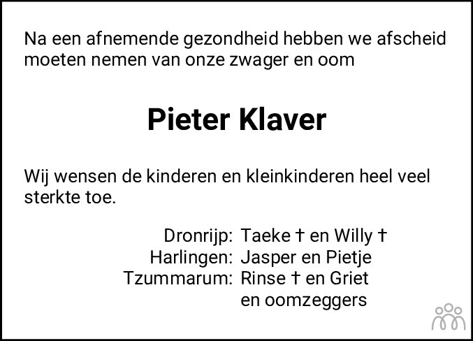 Pieter Piet Klaver Overlijdensbericht En Condoleances