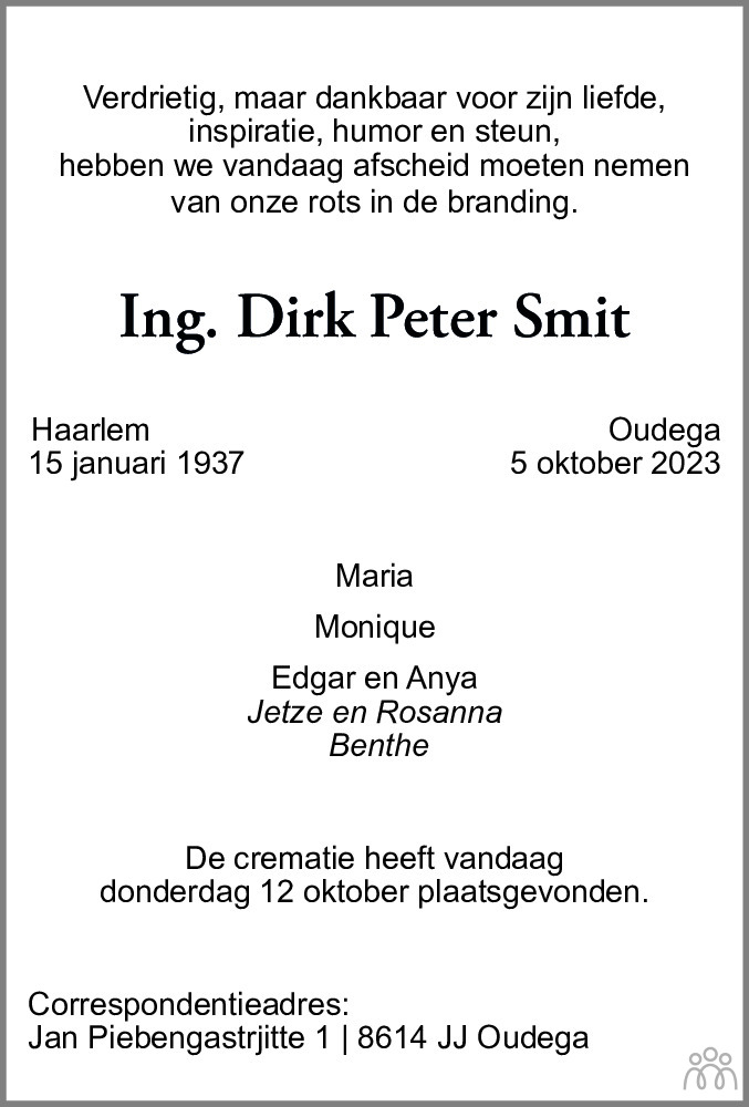 Dirk Peter Smit Overlijdensbericht En Condoleances