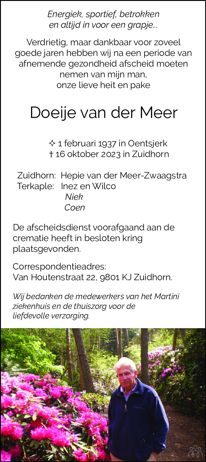 Doeije Van Der Meer 16 10 2023 Overlijdensbericht En Condoleances