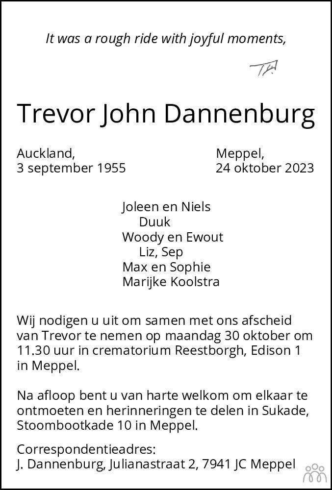 Trevor John Dannenburg 24 10 2023 Overlijdensbericht En Condoleances