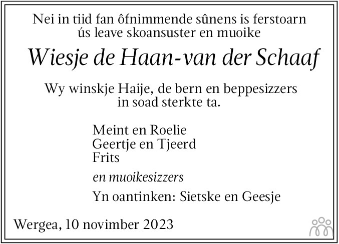 Wiesje De Haan Van Der Schaaf 10 11 2023 Overlijdensbericht En