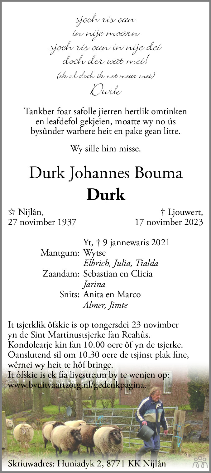 Durk Durk Johannes Bouma 17 11 2023 Overlijdensbericht En