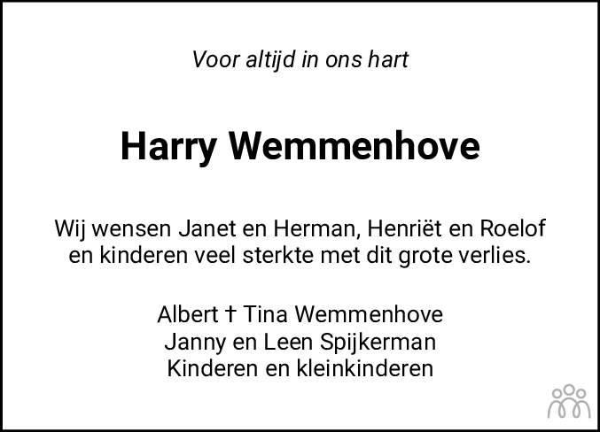 Harm Harry Wemmenhove Overlijdensbericht En Condoleances