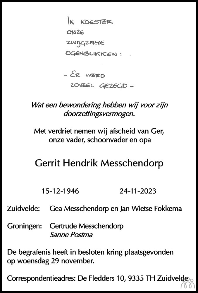 Gerrit Hendrik Messchendorp 24 11 2023 Overlijdensbericht En