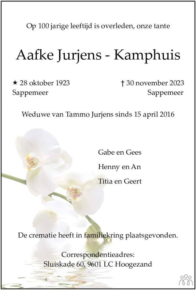 Aafke Jurjens Kamphuis 30 11 2023 Overlijdensbericht En Condoleances