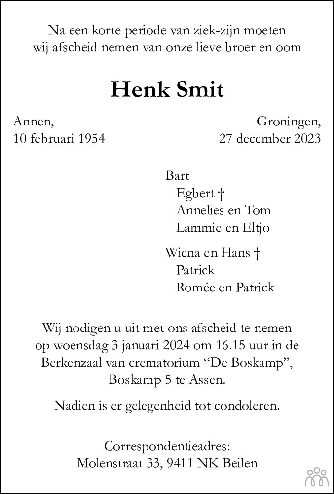 Henk Smit 27 12 2023 Overlijdensbericht En Condoleances Mensenlinq Nl