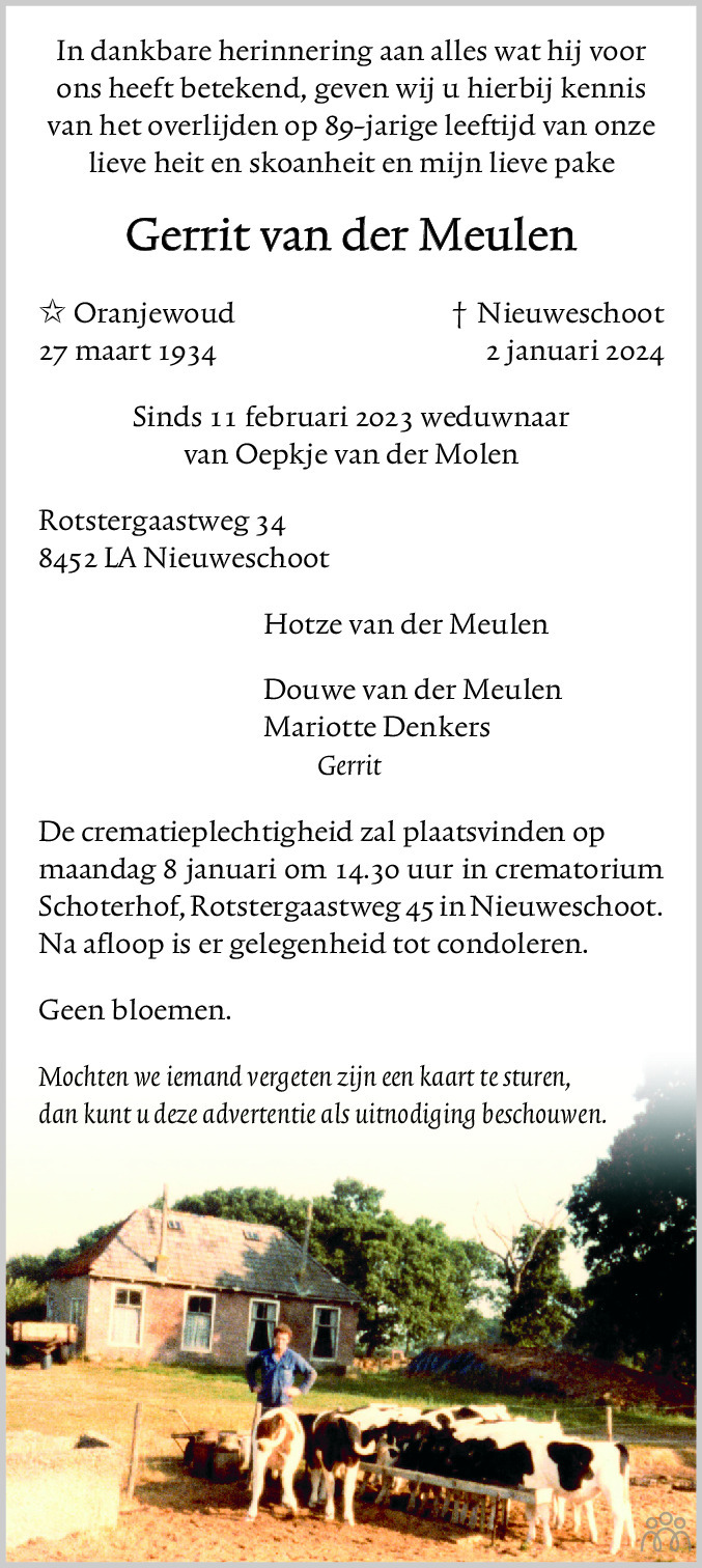 Gerrit Van Der Meulen Overlijdensbericht En Condoleances