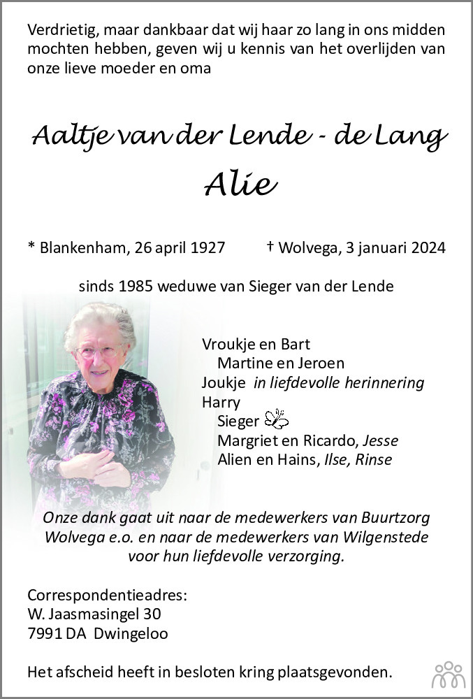 Aaltje Alie Van Der Lende De Lang 03 01 2024 Overlijdensbericht En