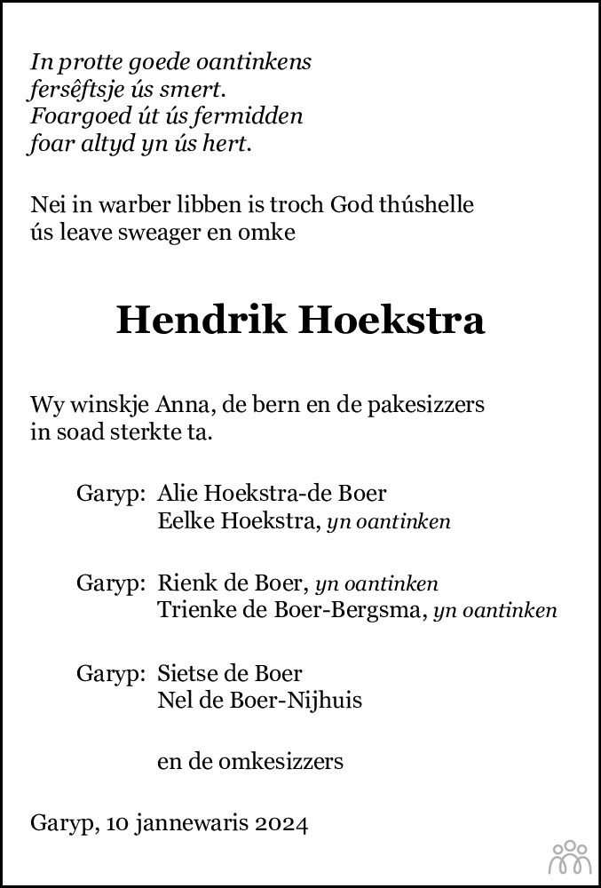 Hendrik Sjoerd Hoekstra 10 01 2024 Overlijdensbericht En Condoleances