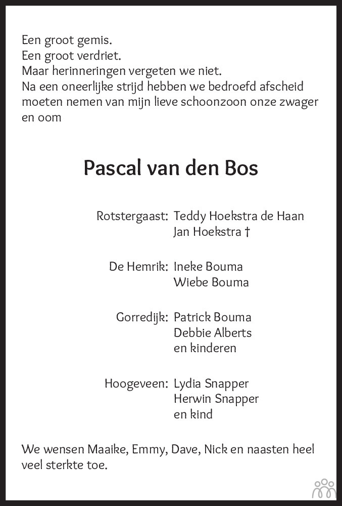 Pascal Hendrikus Marinus Van Den Bos Overlijdensbericht En