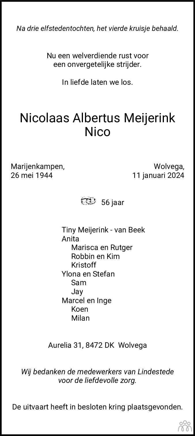 Nicolaas Albertus Nico Meijerink Overlijdensbericht En